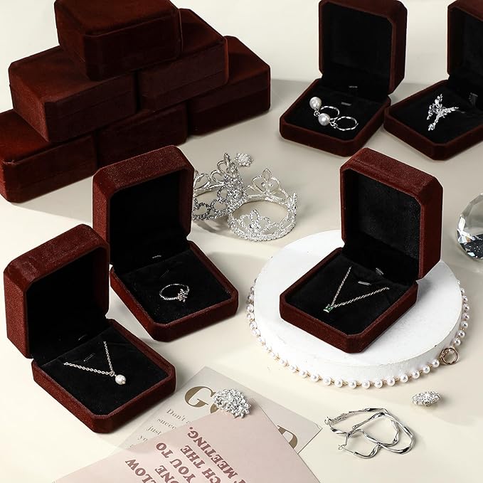Sureio 24 Pcs Velvet Necklace Ring Boxes Bulk Earring Pendant Jewelry Gift Display Case for Proposal Anniversary Wedding Engagement Birthday Gift(Coffee)