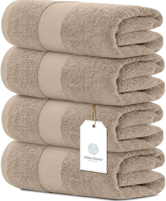 White Classic Luxury Bath Towels Set of 4 Large - 700 GSM Cotton Ultra Soft Bath Towels 27x54 | Highly Absorbent and Quick Dry | Hotel Towels for Bathroom Luxury, Plush Shower Towels, Taupe