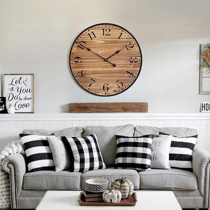 Rustic Farmhouse Wall Clocks for Living Room Decor, Large 24 inch Wall Clock with Dark Brown Wooden Face and Black Metal Frame, Silent Battery Operated for Kitchen Bedroom Entryway