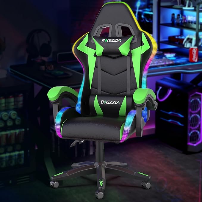 Bigzzia Gaming Chair with RGB LED Lights, High Back Ergonomic Computer Gamer Chair with Headrest and Lumbar Support, Racing Style Reclining Game Chair for Adults, Kids (Black/Green)