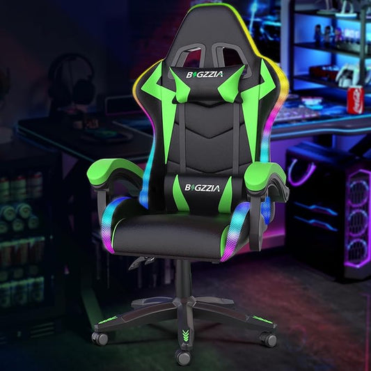 Bigzzia Gaming Chair with RGB LED Lights, High Back Ergonomic Computer Gamer Chair with Headrest and Lumbar Support, Racing Style Reclining Game Chair for Adults, Kids (Black/Green)
