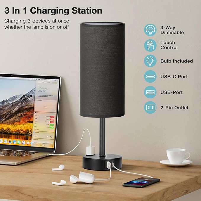 Black Bedroom Lamp for Nightstand - 3 Way Dimmable Bedside Lamp USB C A Charging Ports and AC Outlet, Small Table Lamp Black Base for Living Room, Office Desk, LED Bulb Included