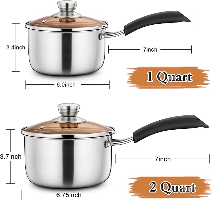 LIANYU Saucepan with Lid, 1 Quart and 2 Quart Stainless Steel Saucepan, Small Pot Milk Soup Pan for Home Kitchen Restaurant, Long Heatproof Handle, Dishwasher Safe