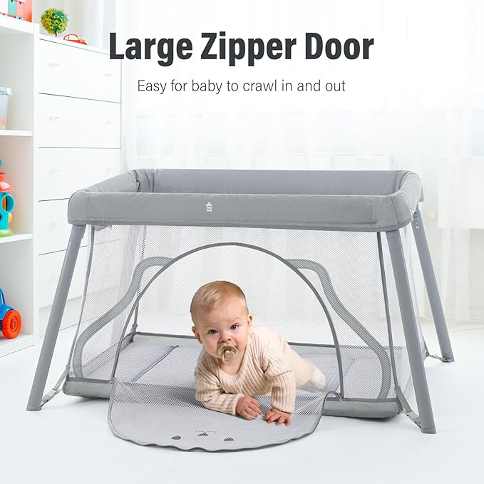 Travel Crib,Portable Crib for Baby, Pack and Play for Babies and Toddler, Lightweight Backpack Design,Foldable Travel Baby Playpen with Mattress(Light Grey)