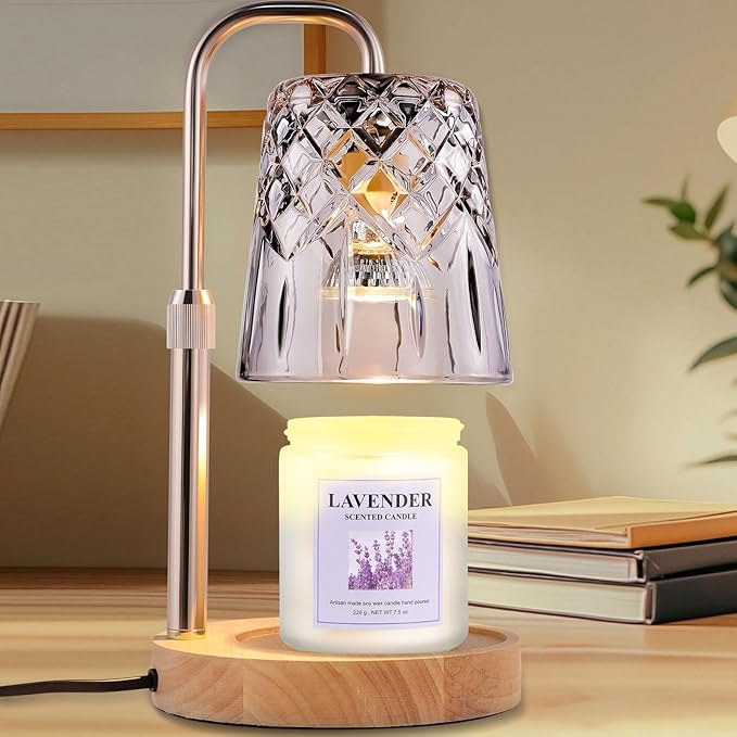 Candle Warming Lamp with Timer Dimmer, Adjustable Height Electric Wax Melt Warmer for Jar Candles with 3 Bulbs, Mother's Day Women's Home Decor Gift, Round Base with Champagne Color Pole