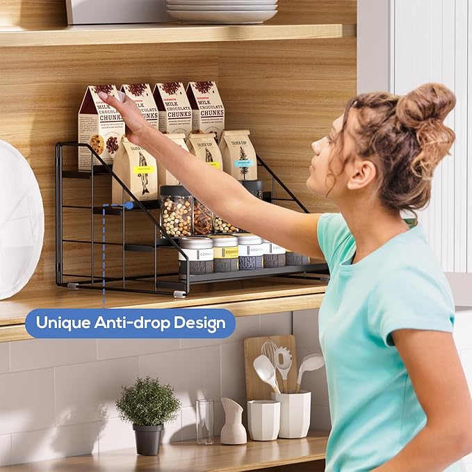 Spice Rack Organizer for Cabinet, 4 Tiered Spice Rack Organizer, Tiered Adjustable Spice Shelf for Kitchen Countertop Pantry Organization (Bright Black)