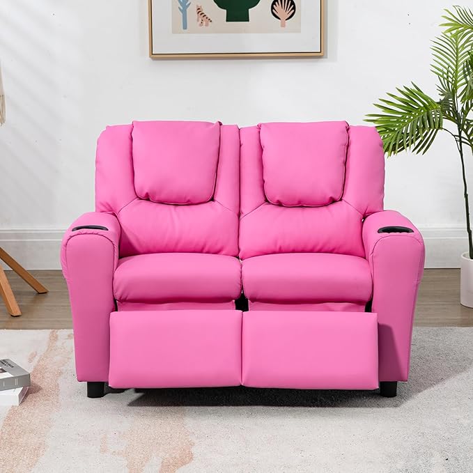AVAWING Kids Recliner Chair, Double Kids Sofa Chair w/Cup Holder PU Leather, Toddler Loveseat Couch w/Adjustable Footrest & Headres for Boys Girls 3+ Age Group, Pink