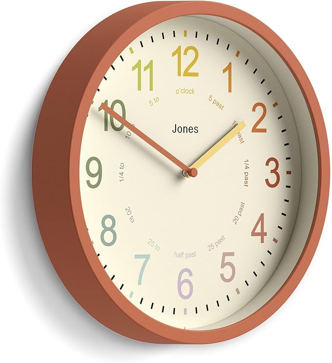 JONES CLOCKS® Kids Wall Clock | Small Modern Children’s Clock | 10 inch | Terracotta Orange | Colourful Numbers | Learn to Tell The time