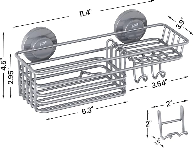 LEVERLOC Shower Caddy Suction Cup, Heavy Duty Bathroom Organizer for Inside Shower with Hooks & Soap holder， NO-Drilling Bathroom Holder-Grey