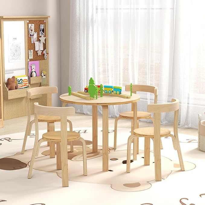 HONEY JOY Kids Table and Chair Set, Bentwood Toddler Round Table and 4 Chairs for Craft Art, Building Block, 5-Piece Children Furniture Set for Daycare, Kindergarten, Playroom (Natural)
