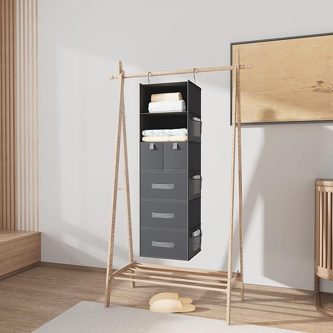 6-Shelves Hanging Closet Organizer with 5 Different Drawers, Foldable Organizers and Storage for Wardrobe, Closet& RV, Clothes and Accessories Storage, Non-woven fabric, Dark Gray