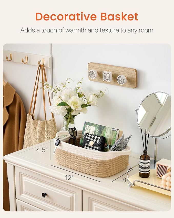 KALLAX Small Woven Basket, 12 x 8 x 4.5 Inches, Small Storage Baskets for Organizing, Gift Baskets Empty, Cute Rope Shelf Closet Storage Bins for Shelves, Dog Toy Basket, White & Brown