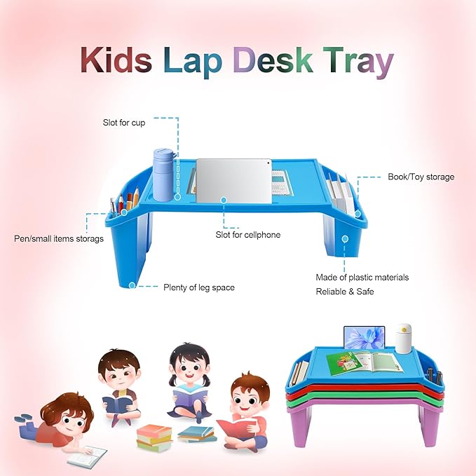 Set of 4 Kids Lap Desk Tray, Portable Activity Table, Plastic, Stackable for Drawing, Writing, Eating, Classroom, 21.65" L x 11.8" W x8.46 H, Multicolor