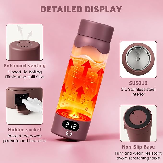 Travel Electric Kettle Portable Mini Kettle, 316 Stainless Steel 16.91Oz/500mL, Small Hot Water Boiler with 4 Temperature,Fast Boiling water with Auto Shut-Off and Boil Dry Protection Cranberry