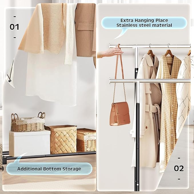 Double Clothing Rack, 130LB Capacity Heavy Duty Garment Rack with Wheels and Bottom Shelf, 55.51 Inch Long Rolling Clothes Racks for Hanging Clothes, Black