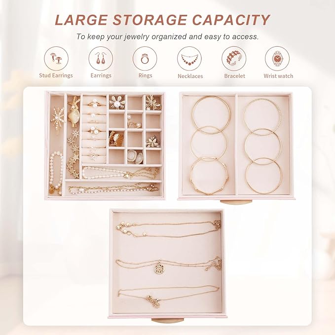 Jewelry Holder Organizer,3 Tiers Leather Jewelry Set Box with 2 Drawers,Jewelry Box for Women Girls,Large Capacity Jewelry Holder Box (Pink)