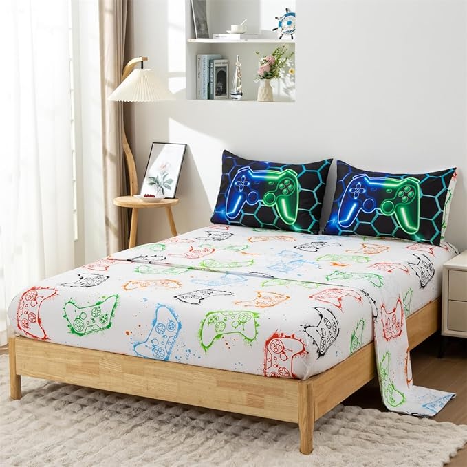 NTBED Game Console Comforter Set for Boys Girls Kids 3D Gaming Geometric Lightweight Microfiber Bedding Sets (Blue Green, Queen 5Pcs)