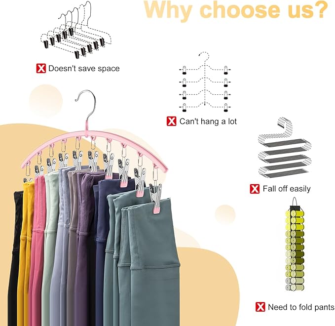 Legging Organizer for Closet, Metal Yoga Pants Hangers 4 Pack w/10 Clips Holds 40 Leggings, Space Saving Hanging Closet Organizer w/Rubber Coated Closet Organizers and Storage, Pink