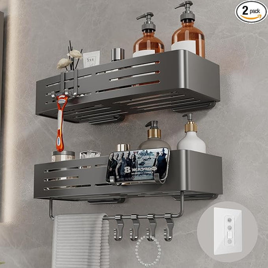 Voldra Adhesive Shower Caddy, 2 Pack Shower Shelves for Inside Shower No Drilling, Aluminum Stick On Showers Organizer with Towel Bar & Hooks Removable Bathroom Shelf Storage Rack(Gray)