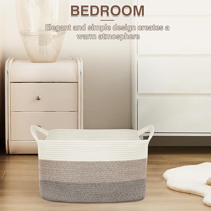 Large Laundry Hamper Blanket Basket，21.6''×14.9''×19.6'' Cotton Rope Woven Laundry Basket for Organizing, Rectangle Toy Basket for Living Room, Bedroom