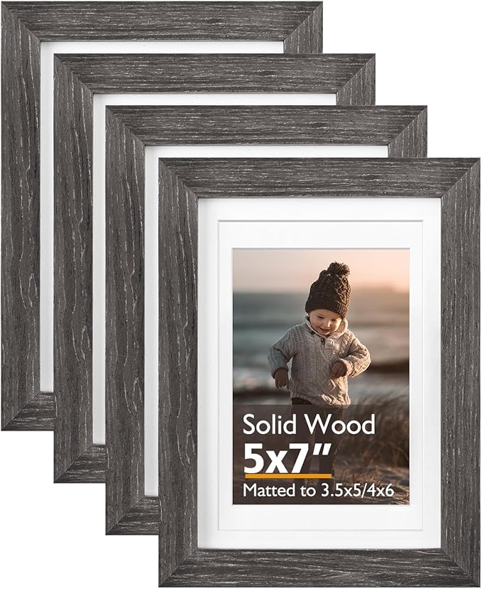 KINLINK 5x7 Picture Frame Ash Black, Solid Wood Frames with Acrylic Plexiglass for 3.5x5/4x6 with Mat or 5x7 without Mat, Tabletop and Wall Display Photo Frame, Set of 4
