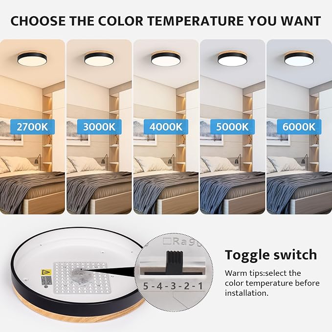 Modern Dimmable LED Close to Ceiling Light Minimalist Wood Oak Flush Mount Ceiling Light Fixture Circle Lighting for Bedroom Kitchen Bathroom Laundry Room (Black, 11.8'')