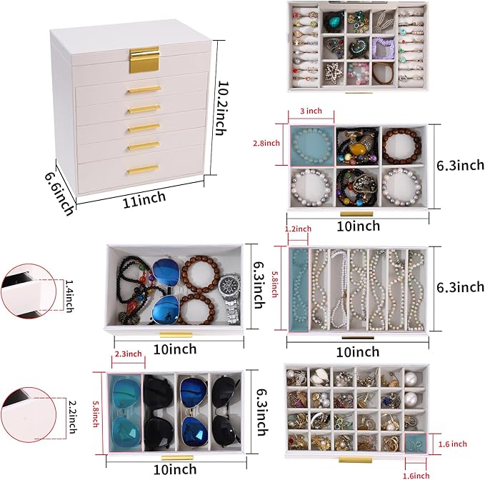 BOOVO Jewelry Box with Necklace Hanger – 6 layer Jewelry Organizer for Women with 5 Drawers, Large Jewelry Storage Boxes –Jewelry Organizers and Storage for Earrings, Necklaces (White, 6 layer)