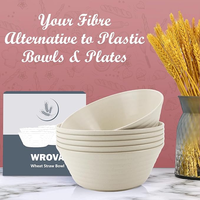 Wheat Straw Bowl Sets,6 PCS Unbreakable Cereal Bowl 50 OZ,Microwave and Dishwasher Safe Bowls,Super Big Bowl Sets BPA Free for Serving Cereal,Oatmeal and Salad (Beige)