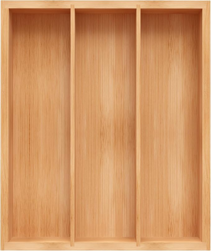 Bamboo Utensil Drawer Organizer, Silverware Tray Organizer, Kitchen Drawer Organizer for Flatware Cutlery, (Natural, 3 Slots)