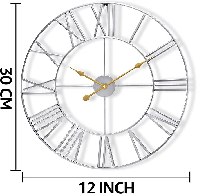 Sorbus Large Wall Clock for Living Room Decor – Easy to Hang 12-Inch Big Wall Clock – Metal Wall Art for Kitchen, Bedroom, Home, Office – Analog Decorative Wall Clock (Silver)
