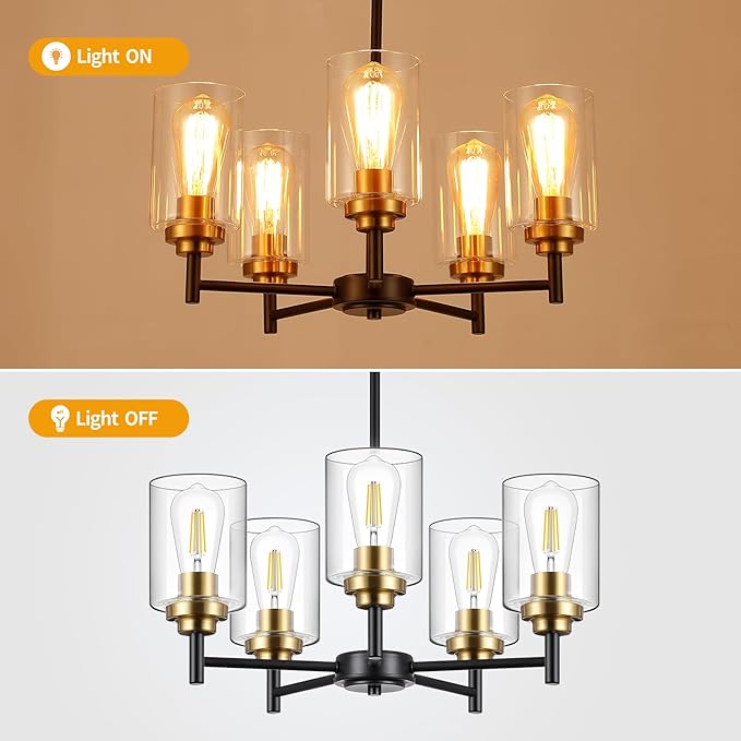 9MMML 5 Lights Glass Chandelier,Modern Kitchen Island Lighting Black and Gold Metal Dining Room Light Fixture for Living Room Foyer,E26