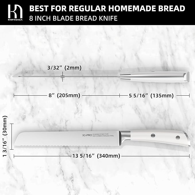 Bread Knife - 8 Inch Japanese Serrated Sourdough Bread Slicing Knife, High Carbon Stainless Steel, Razor Sharp, Ergonomic White Handle