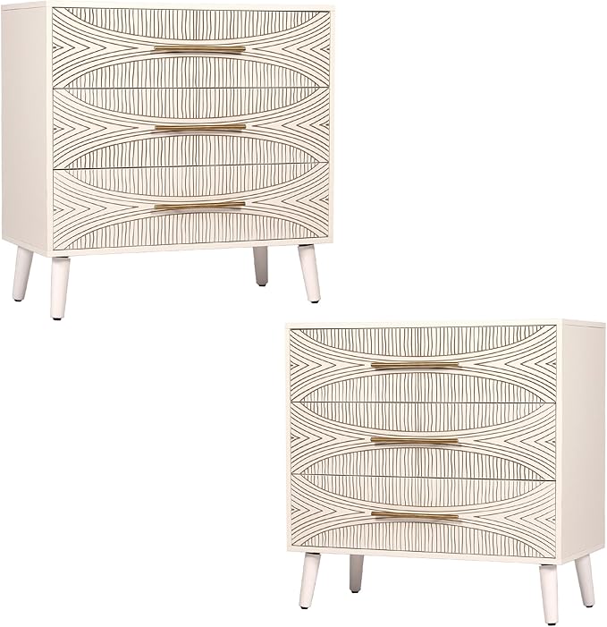 3 Drawer Dresser Set of 2, White Dresser for Bedroom, Chest of Drawers with Metal Handle, Including 2 Drawer Nightstand Set of 2 for Bedroom, Enterway, Texture White, 2 PCS