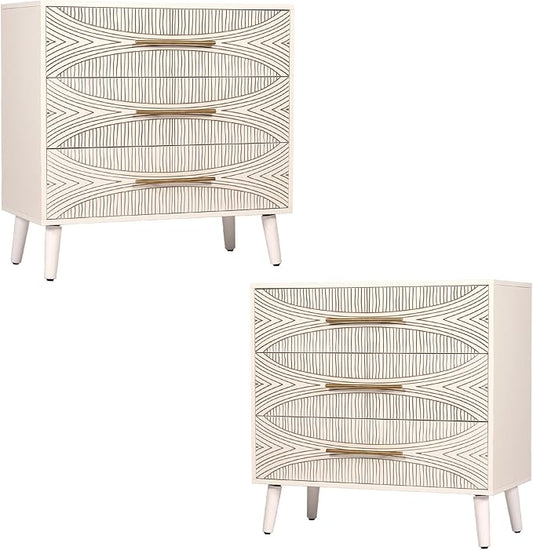 3 Drawer Dresser Set of 2, White Dresser for Bedroom, Chest of Drawers with Metal Handle, Including 2 Drawer Nightstand Set of 2 for Bedroom, Enterway, Texture White, 2 PCS