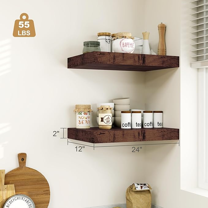 Heimlove Bathroom 12'' Deep Floating Shelves for Wall - Shelf Over Toilet Wall Mounted Farmhouse 24 inches,Wood Floating Shelves Decor & Storage Set of 1,Rustic Brown