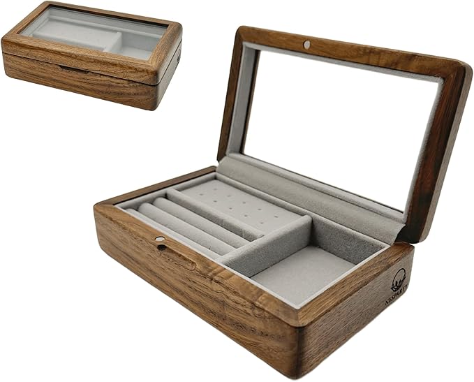 Walnut Jewelry Storage Box with Glass Lid, Multi-Functional Wooden Jewelry Organizer, Soft Velvet Interior, Natural Wood Craft Display Box for Rings, Earrings, Necklaces, Valentine’s Day Gift