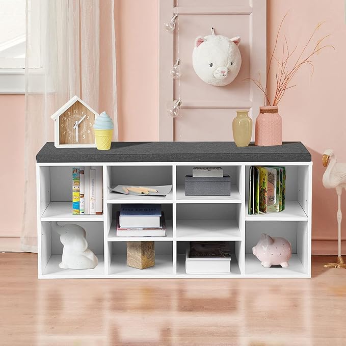 Giantex Shoe Storage Bench with Cushion, Entryway Shoe Rack Bench, Adjustable Shelves, 10-Cubbies Shoe Organizer Bench for Entryway, Living Room, Bedroom, Hallway, Closet, Mudroom (White)