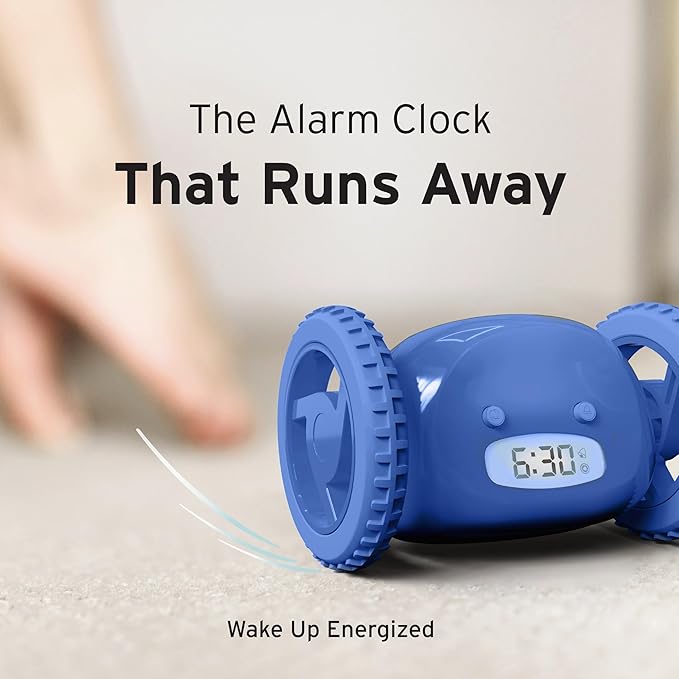 CLOCKY Extra Loud Alarm Clock for Heavy Sleepers on Wheels Rolls Runaway Vibrating Easy To Set Super Smart Snooze Digital Bed Shaker Alarm Clock Funny Gift for Adults Kids Teens Bedrooms (Blue Wheels)