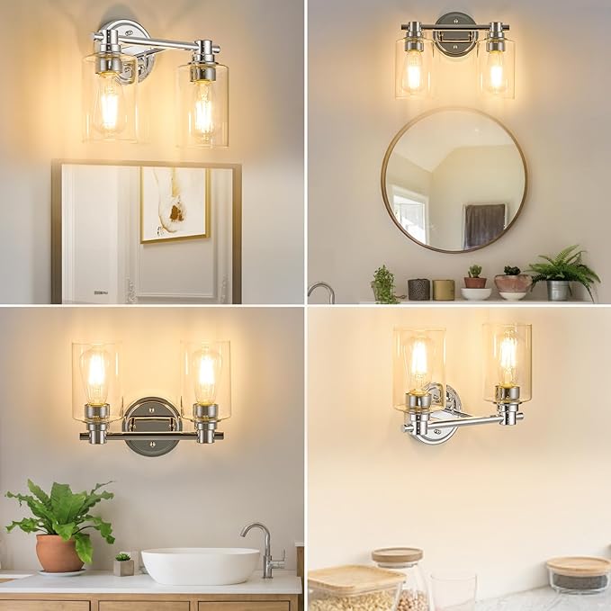 Bathroom Light Fixtures Wall Sconce Light with Clear Glass Chrome 2 Lights Bathroom Lighting Over Mirror Vanity Lights for Living Room,Bedroom,Restroom,Hallway E26 Base