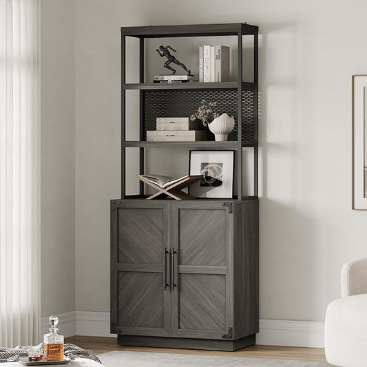 SICOTAS Tall Bookshelf with Storage Cabinet - Modern Book Shelf with Doors and Shelves, 5 Tier Bookcase with Metal Frame Industrial Large Book Case for Home Office, Living Room, 75 Inch, Ash Gray