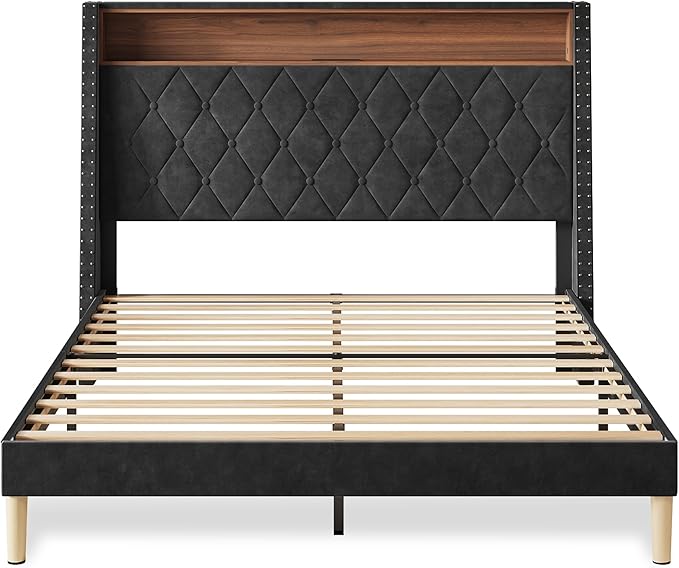 WLIVE Queen Size Upholstered Bed Frame with Storage Headboard, Velvet Square Tufted Platform Bed with Charging Station, Sturdy Metal & Wooden Slats Support, No Box Spring Needed, Black