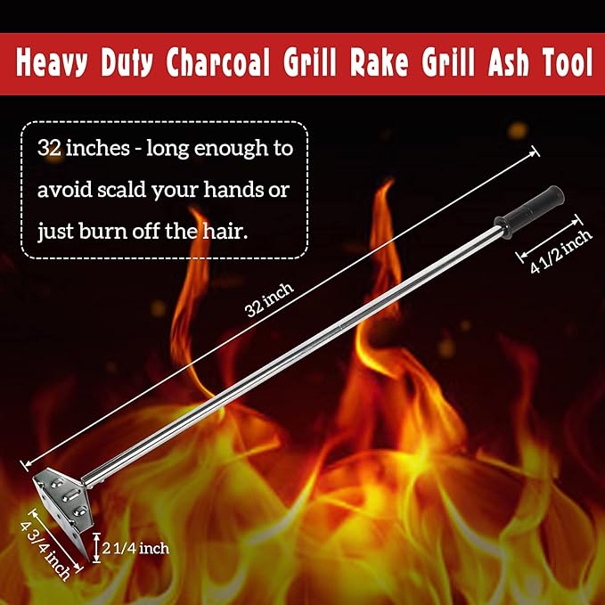 Heavy Duty Charcoal Grill Rake Ash Tool Accessories With Rubber Handle, Kettle Grill Pizza Oven Ash Rake - 32 Inch