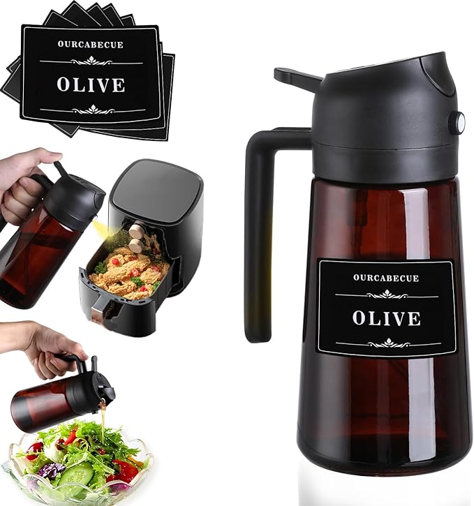 Oil Sprayer for Cooking, 16oz Glass Olive Oil Dispenser Bottle for Kitchen Gadgets, 2 in 1 Spray and Pour Dark Brown Bottle with Stickers for Air Fryer, Salad