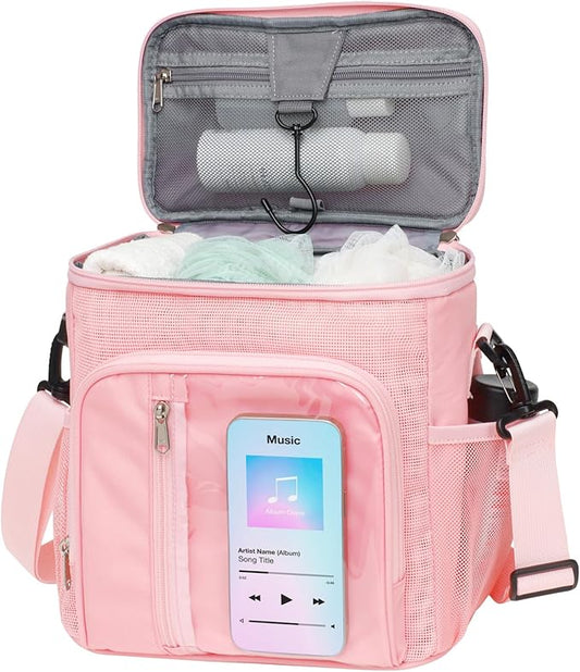 F-color Hanging Shower Caddy Portable - College Dorm Essentials for Girls with Hooks, Soft Crossbody Shoulder Strap, Multiple Pockets, Quick-Dry Shower Bag for Dorm Travel Essentials, Pink