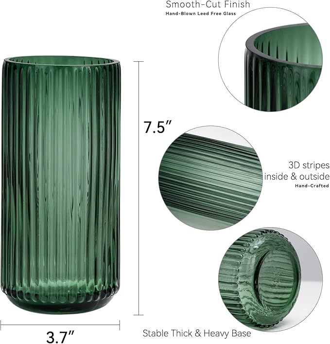 Flower Vase 7.5 inch Green Thickened Glass Vase for Bookshelf,Dinner Table,Indoor Office Desktop,Meeting Room,Bathroom,Countertop,Home Christmas Day Decoration