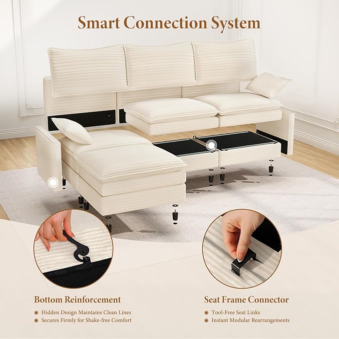 Vesgantti 108" Sectional Sleeper Sofa, 6-Seater Oversized Modular Cloud Couch with Movable Ottoman, Corduroy Large Sofa Bed Convertible Deep Seat Couches for Living Room, Bedroom and Apartment, Beige