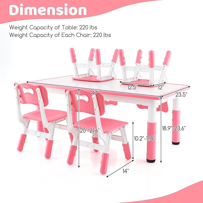 Costzon Kids Table and 4 Chair Set, Height Adjustable Toddler Desk and Chairs with Graffiti Desktop, Non-Slip Legs, Children Art Study Multi-Activity Table Set for Home, Daycare, School (Pink)