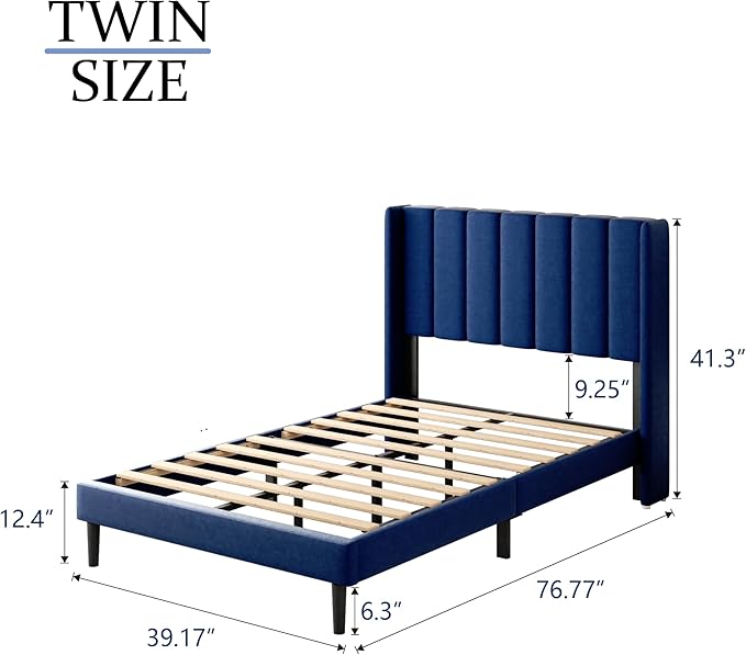 Twin Size Bed Frame with Upholstered Wingback Headboard, Easy Assemnly Platform Bed, Wooden Slat Support No Box Spring Needed, Navy Blue