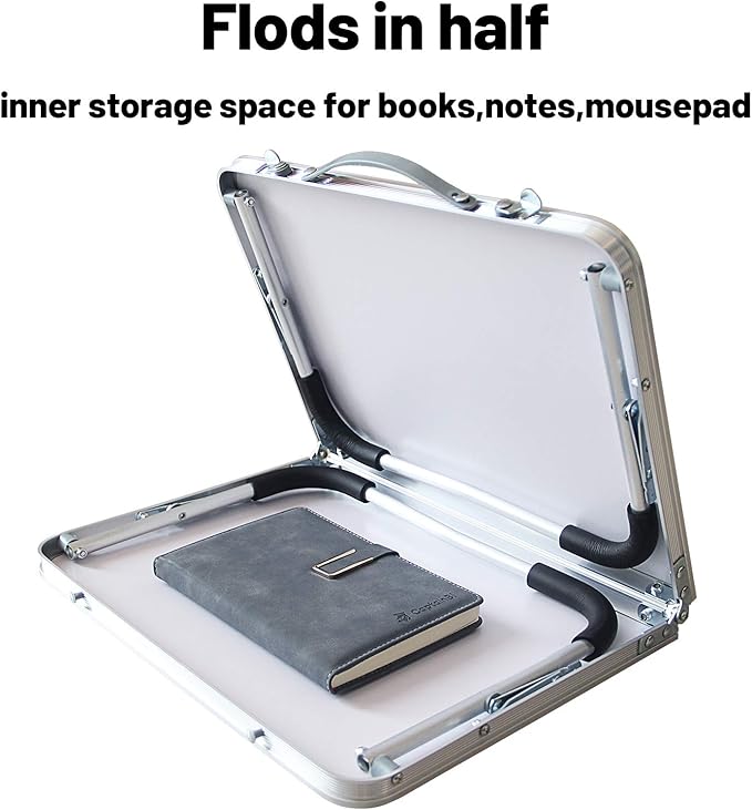 Foldable Laptop Table, Bed Desk, Breakfast Serving Bed Tray, Portable Mini Picnic Table & Ultra Lightweight, Folds in Half with Inner Storage Space (Silvery)