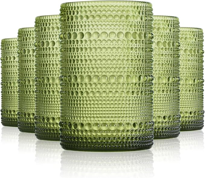 Hobnail Drinking Glasses Set of 6, Vintage Colored Glassware 14.5oz, Tall Beverage Glass Cups for Water, Juice, Cocktail (Green)